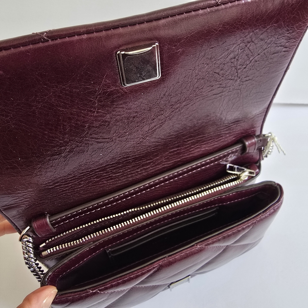 Tory Burch Kira Diamond Distressed Leather Chain Wallet Dark Carmine - Picture 8 of 14